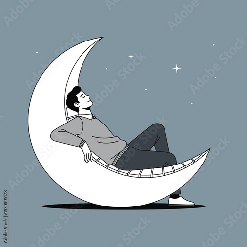 Serene Man Resting On Crescent Moon Under Starry Sky Illustration