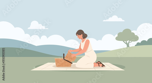 Serene Outdoor Picnic Experience Preparing A Basket Of Treats In A Peaceful Landscape