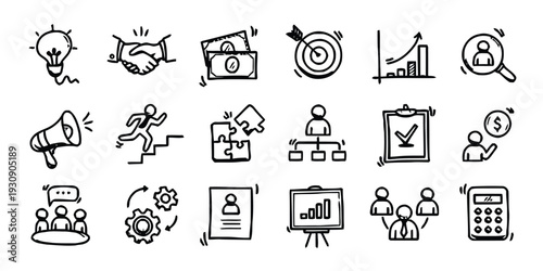 Business concept doodles with handshake lightbulb and strategy icons