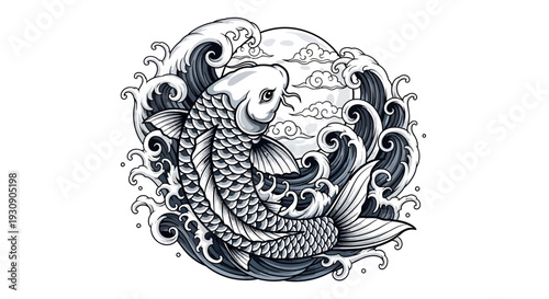 Majestic Koi Fish Swimming Amidst Crashing Waves and Full Moon.