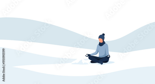 Serene Meditation In Snowy Winter Landscape With Minimalist Style