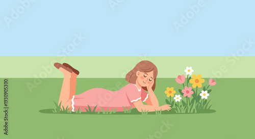 Serene Moment Of A Young Girl Enjoying Nature's Beauty Among Blooming Flowers