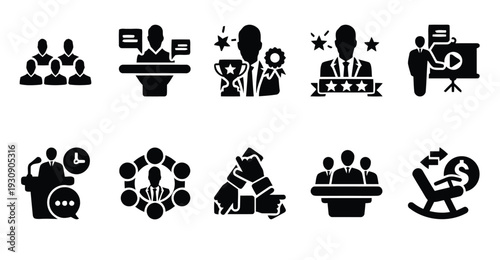 Business and leadership icons illustrating teamwork, presentation, and success in professional settings