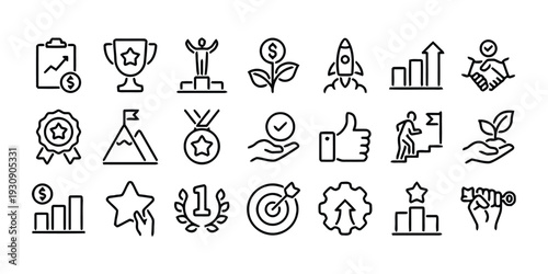Business success and growth icons set representing achievements career progress and financial development