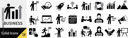 Business management and success icons in gray and black tones representing corporate strategy growth teamwork and career development