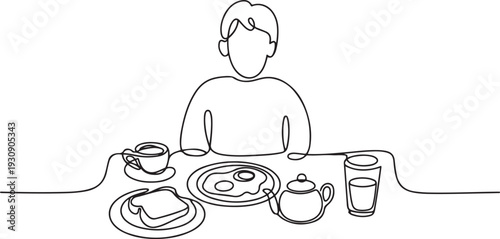 Continuous single line one morning, breakfast, meal character at the table. Coffee, fried eggs, tea, toast, juice. one line Icon drawing