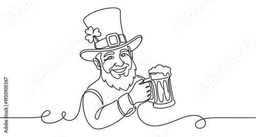 Smiling leprechaun character wearing a top hat and holding a frothy mug of beer, celebrating Irish culture and St. Patrick's Day.