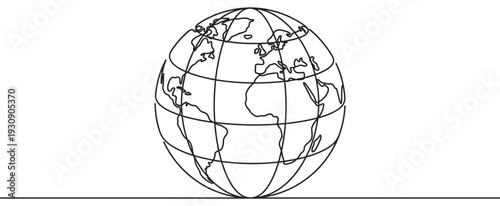 Simple continuous line drawing of the Earth globe with continents and grid lines representing global connection.