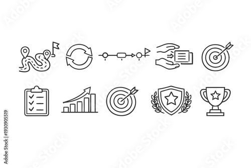Business strategy and planning icons showing progress and goal achievement