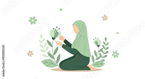 Serene Muslim Woman In Prayer Surrounded By Blooming Nature