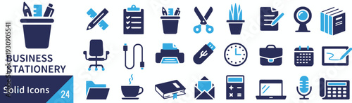 Business stationery and office supplies icons solid design vector collection