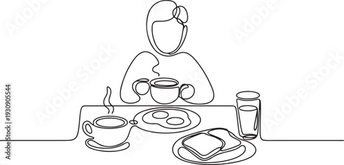 Continuous single line one morning, breakfast, meal character at the table. Coffee, fried eggs, tea, toast, juice. one line Icon drawing