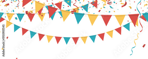 Colorful triangular pennant bunting with confetti and streamers on white background