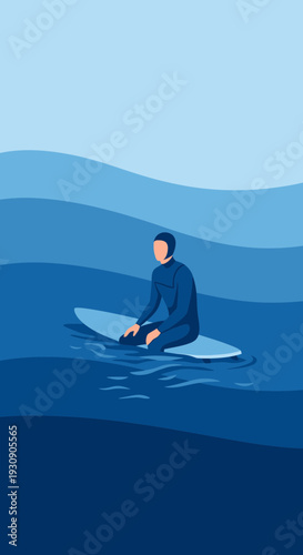 Serene Surfer Awaiting Waves In Calm Blue Ocean Waters