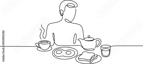 Continuous single line one morning, breakfast, meal character at the table. Coffee, fried eggs, tea, toast, juice. one line Icon drawing