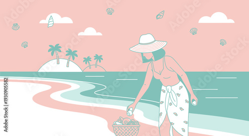Serene Tropical Beach Scene With Woman Collecting Seashells