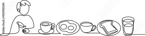 Continuous single line one morning, breakfast, meal character at the table. Coffee, fried eggs, tea, toast, juice. one line Icon drawing