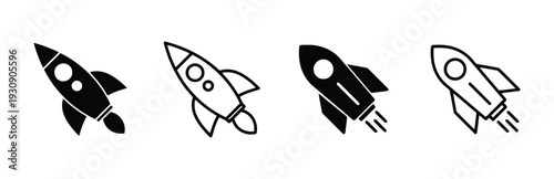 Collection of four rocket ship icons in various styles, symbolizing space travel