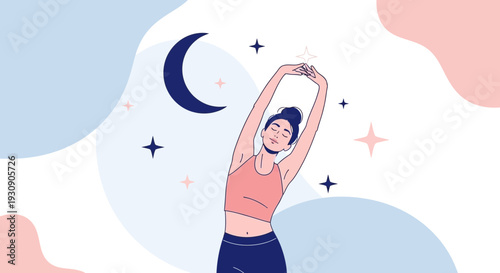 Serene Woman Stretching Under Crescent Moon And Starry Night Sky