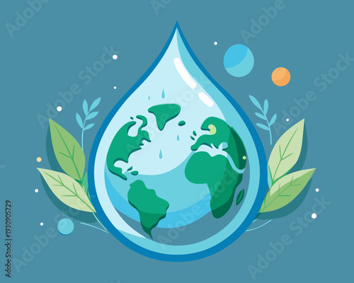 Harmony between water conservation and global sustainability depicted with nature elements.