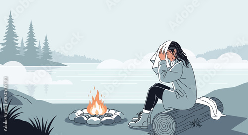 Serene Wilderness Camping Scene With Lone Figure Warming By Campfire
