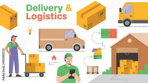 Delivery and Logistics A Detailed Flat Design Illustration Showcasing Shipping, Warehousing, and Transportation of Goods