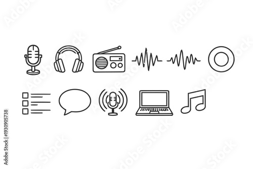 Collection of audio and media icons representing sound recording and communication technologies