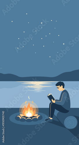 Serene Night Reading Beside Campfire Under Starry Sky