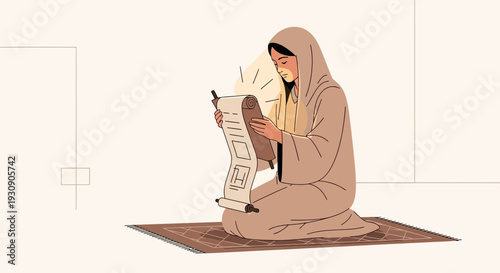 Serene Woman Unrolls Ancient Scroll In Thoughtful Contemplation