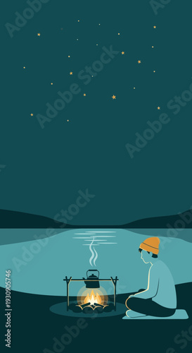 Serene Night Camping Under Starry Sky With Campfire And Lake