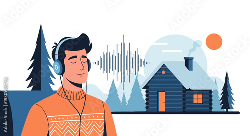 Serene Winter Cabin Retreat Enjoying Music And Nature Sounds