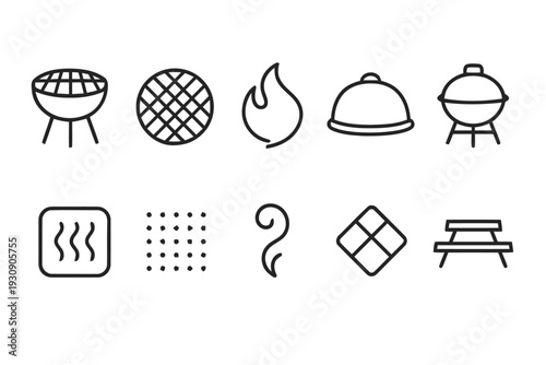 Collection of barbecue and grilling icons, representing outdoor cooking and food preparation