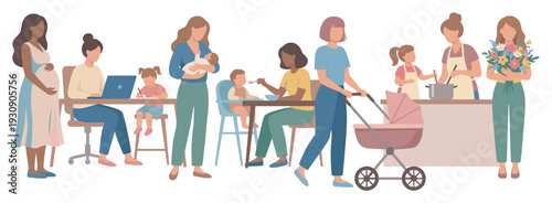 Mothers and children engaged in various daily activities, showcasing the diverse roles and responsibilities of modern parenting.
