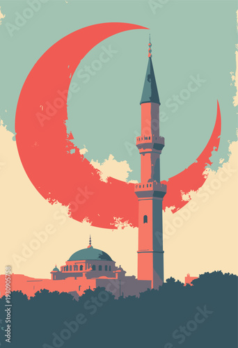generic towering Islamic Minaret, drawn strict geometric precision sharp angles Solid red crescent moon background Minimalist graphic propaganda style No text