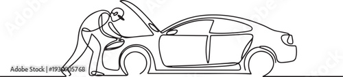 One continuous single drawn line art doodle mechanic, car, garage, service, auto, repair, vehicle, shop, engine, workshop. one line Icon drawing