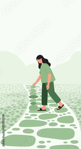 Serene Woman Walks Down an Organic Path Towards Rolling Green Hills