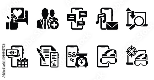 Collection of black icons related to technology and online communication