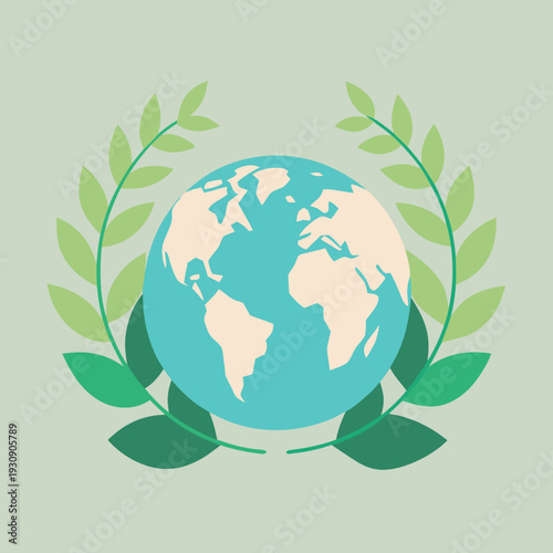 Global harmony symbolized by earth surrounded with green laurel branches