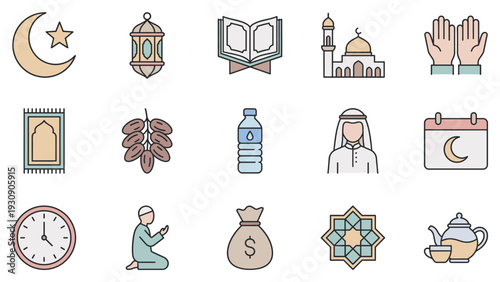 Islamic Ramadan icons collection featuring mosque, dates, prayer mat, and other religious symbols for celebration.