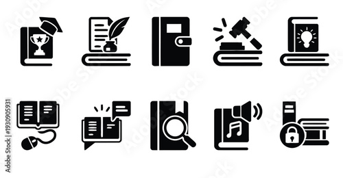 Collection of book icons representing education, research, and legal studies