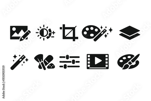 Collection of graphic design and photo editing icons with brush, palette, crop tool, and adjustments