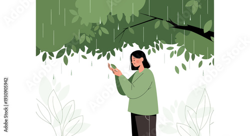 Serene Woman Beneath Lush Green Canopy In Gentle Rainfall