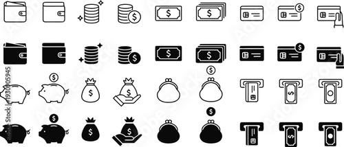 Collection of financial icons including wallets coins bills credit cards and piggy banks