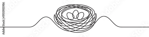 Continuous line drawing of a bird's nest with three eggs nestled safely inside, symbolizing new beginnings and protection.