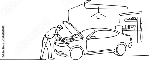 One continuous single drawn line art doodle mechanic, car, garage, service, auto, repair, vehicle, shop, engine, workshop. one line Icon drawing