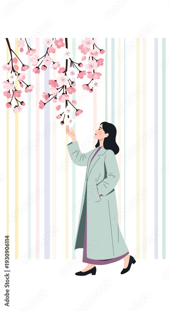 Obraz premium Serene Woman Enjoys Blooming Cherry Blossoms During Springtime Walk