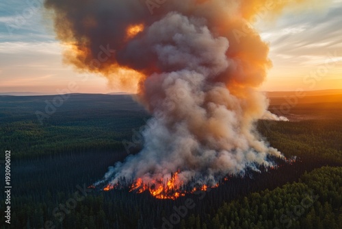 A large wildfire spreads through a dense forest.