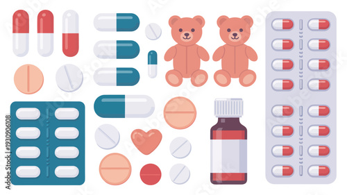 A Flat Cartoon-Style Illustration Featuring A Collection Of Medical Supplies Including Pills, Capsules, A Syrup Bottle, Blister Packs, A Heart Symbol, And Teddy Bears