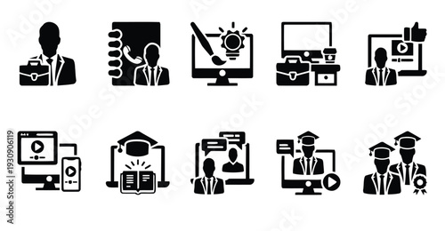 Collection of icons representing business and online education concepts
