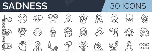 Collection of icons representing sadness, negative emotions, and mental health struggles